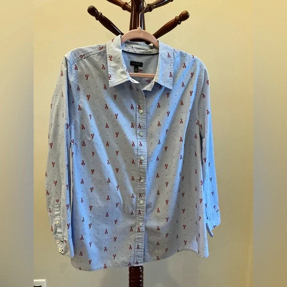 Light Blue Button-Up Shirt with Red Lobster Print - Picture 1 of 6